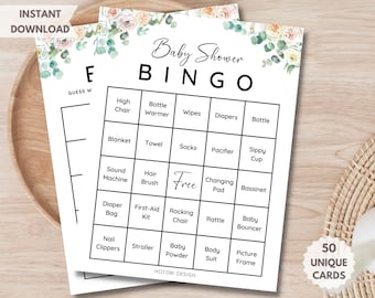 50 Prefilled Baby Shower Bingo Cards, Baby Bingo Game, Bonus Blank Card, Printable Baby Shower Game Greenery Gender Neutral Instant Download