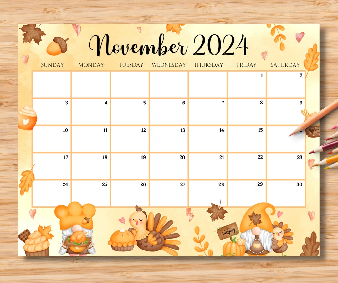 Editable november 2024 calendar happy thanksgiving with cute gnomes