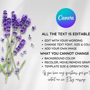 Puede incluir: Un ramo de flores de lavanda moradas con tallos y hojas verdes, esparcidas sobre un fondo blanco. Un logotipo de Canva azul y morado est&aacute; en la esquina superior derecha. Texto: "TODO EL TEXTO ES EDITABLE".