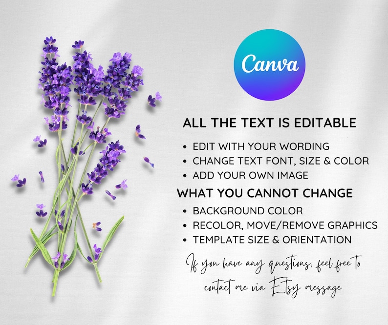 Puede incluir: Un ramo de flores de lavanda moradas con tallos y hojas verdes, esparcidas sobre un fondo blanco. Un logotipo de Canva azul y morado est&aacute; en la esquina superior derecha. Texto: "TODO EL TEXTO ES EDITABLE".