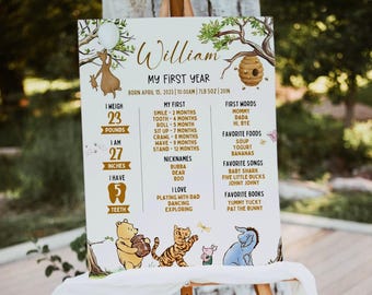 EDITABLE Winnie the Pooh First Birthday Milestone Sign, Classic Pooh Bear Birthday Milestone Poster, Birthday Milestone Board Canva Template