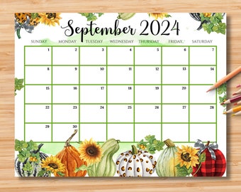 EDITABLE September 2024 Calendar, Beautiful Fall Autumn with Cute Pumpkins, Printable Fillable Calendar Planner, Kids School Schedule