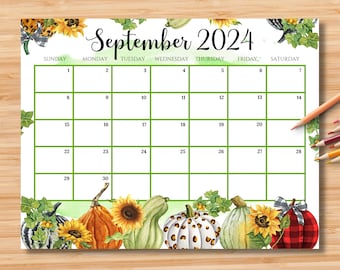 EDITABLE September 2024 Calendar, Beautiful Fall Autumn with Cute Pumpkins, Printable Fillable Calendar Planner, Kids School Schedule