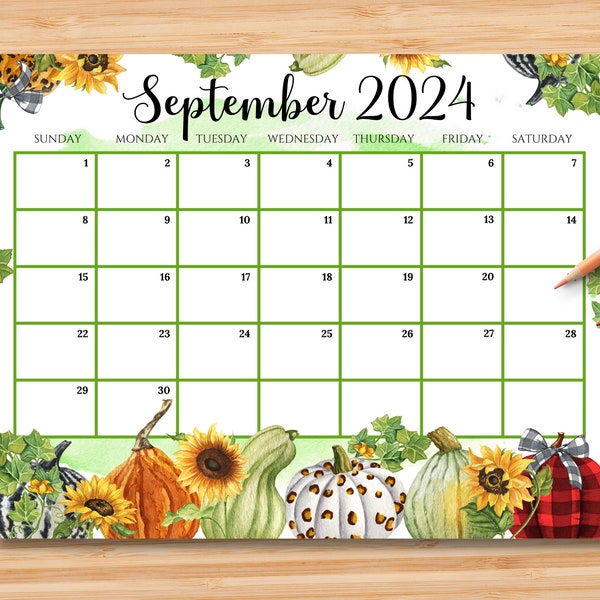 EDITIERBARER Kalender September 2024, schöner Herbstherbst mit süßen Kürbissen, druckbarer befüllbarer Kalenderplaner, Kinderschulplaner