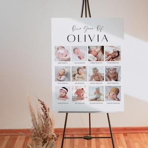 Modèle d'affiche de la première année de bébé minimaliste, panneau photo premier anniversaire, collage photo moderne pour le 1er anniversaire, tableau modifiable année en images