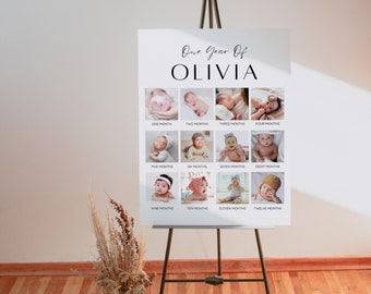 Minimalist Baby's First Year Poster Template, First Birthday Photo Sign, Modern 1st Birthday Photo Collage, Editable Year In Pictures Board