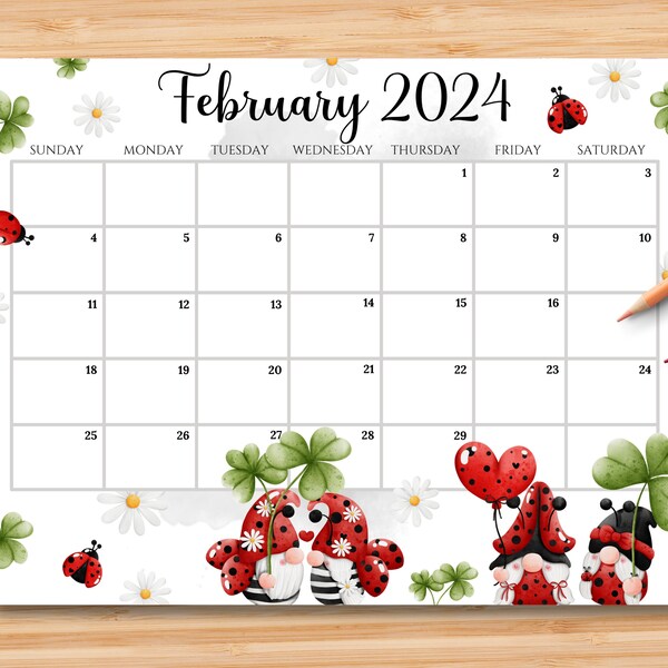 EDITIERBARER Kalender Februar 2024, süßer Valentinstag mit süßen Käfern, druckbarer Kinderschulplaner, Klassenzimmer-Bürokalender, Sofort-Download