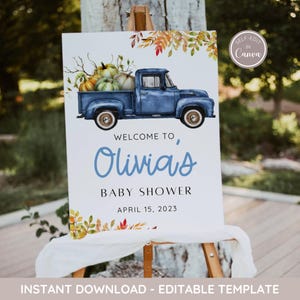 Kleine Kürbis-Babyparty-Willkommensschild, blauer LKW-Fall Oh Baby-Willkommens-Poster, Junge Herbst-Babyparty Boho rustikales Dekor, bearbeitbare Vorlage
