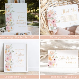 Op de afbeelding: Een set afdrukbare bruidsdouche-borden met een bloemenontwerp met roze en gele bloemen. De set bevat een welkomstbord, een bedankkaart, een aangepast bord en een plaatskaart. De borden zijn volledig bewerkbaar en kunnen worden aangepast met uw eigen tekst.