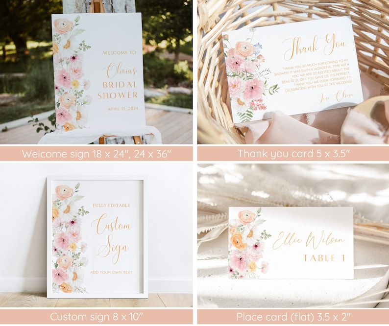 Op de afbeelding: Een set afdrukbare bruidsdouche-borden met een bloemenontwerp met roze en gele bloemen. De set bevat een welkomstbord, een bedankkaart, een aangepast bord en een plaatskaart. De borden zijn volledig bewerkbaar en kunnen worden aangepast met uw eigen tekst.