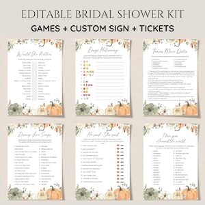 May include: A printable bridal shower game kit with a fall theme. The games include "Would She Rather", "Emoji Pictionary", "Famous Movie Quiz", "Disney Love Songs", "He Said-She Said", and "I Love You Around the World". The games feature a watercolor pumpkin and floral design.