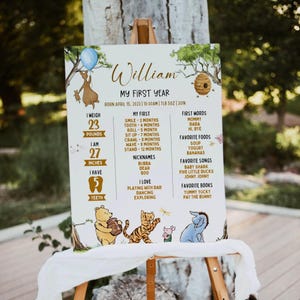 Editable Winnie the Pooh 1st Birthday Milestone Sign, Classic Pooh Bear Birthday Board, Blue Balloon Theme, Canva Template, Instant Download