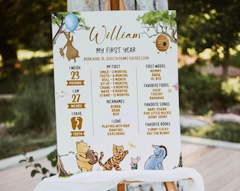 Editable Winnie the Pooh 1st Birthday Milestone Sign, Classic Pooh Bear Birthday Board, Blue Balloon Theme, Canva Template, Instant Download