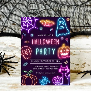 Neon Halloween Party Invitation, Editable Halloween Party Invite, Spooky Ghost Party Invite, Instant Download, Digital Evite, Canva Template