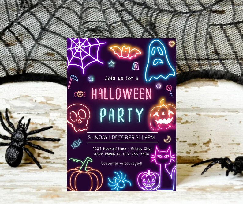 May include: A Halloween party invitation with neon-style illustrations of a spiderweb, bat, ghost, skull, pumpkin, and other spooky icons. The invitation text reads "Join us for a Halloween Party" with date, time, and location details. Costumes are encouraged.
