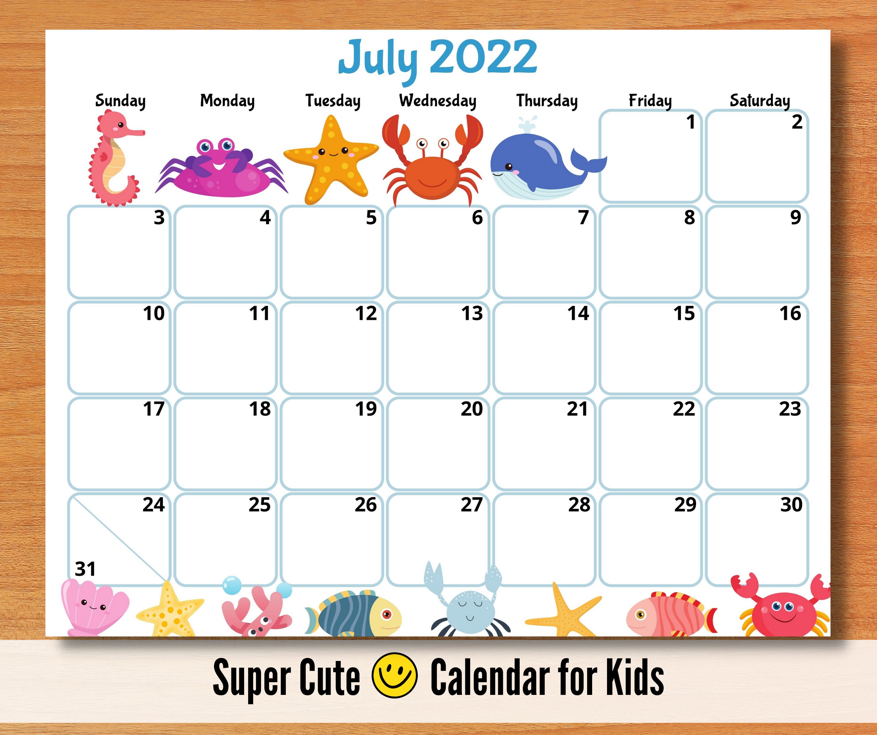editable july 2022 calendar printable kids calendar 2022 etsy
