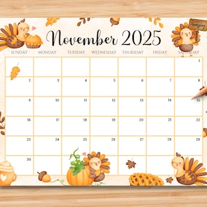 Calendario novembre 2025 MODIFICABILE, pianificatore del Ringraziamento felice, bellissimo programma mensile autunnale stampabile e compilabile, download immediato