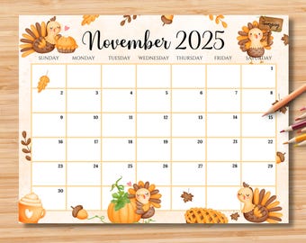 EDITABLE November 2025 Calendar, Happy Thanksgiving Planner, Beautiful Fall Autumn Printable Fillable Monthly Schedule, Instant Download