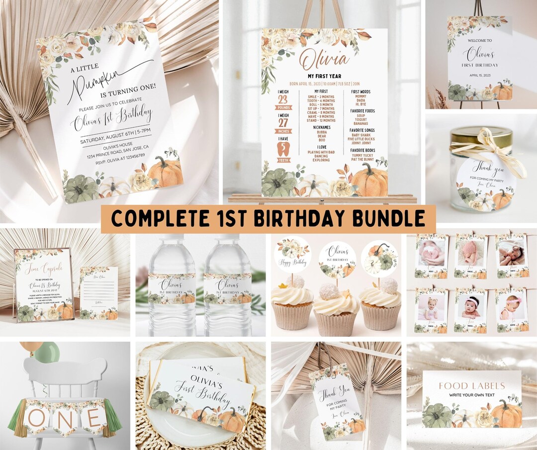 Little Pumpkin Fall Autumn Birthday Invitation Bundle, Editable Floral ...