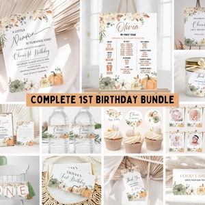 Little Pumpkin Fall Autumn Birthday Invitation Bundle, set di inviti floreali modificabili con zucca, 1° primo compleanno, stampabile, benvenuto, traguardo