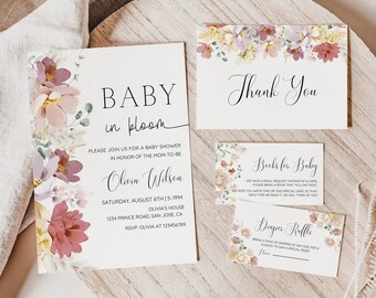 Paquete de invitaciones editables para baby shower con tema de flores silvestres, paquete de invitaciones para baby shower con tema de flores de primavera, descarga instantánea