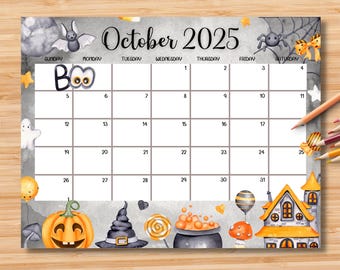 EDITABLE October 2025 Calendar, Cute Spooky Halloween 2025 Planner, Cute Printable Schedule Planner for Kids, School, Home, Office, Work