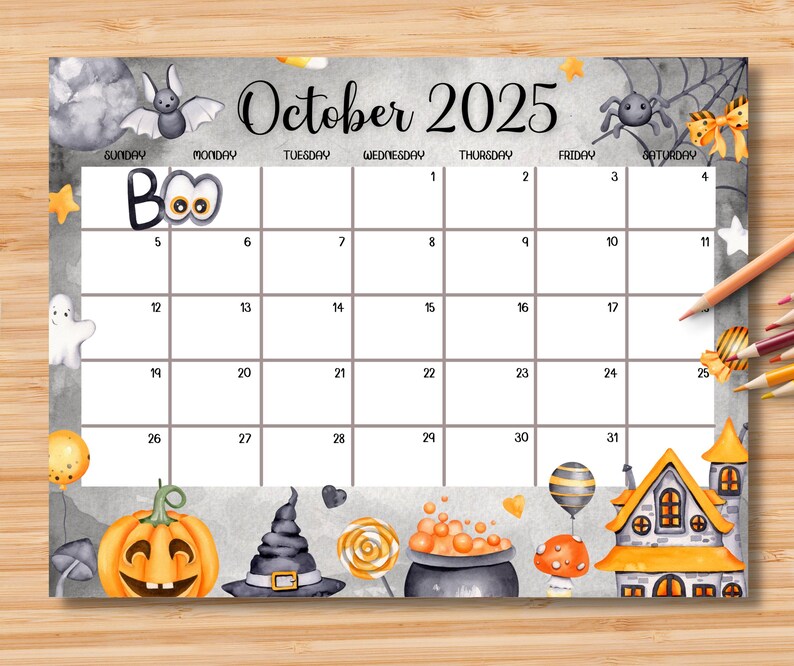 Calendario ottobre 2025 MODIFICABILE, simpatico pianificatore spettrale di Halloween 2025, simpatico pianificatore stampabile per bambini, scuola, casa, ufficio, lavoro immagine 1