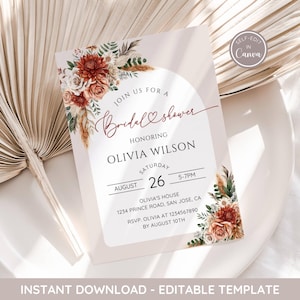 Autumn Floral Bridal Shower Invitation, Fall in Love Bridal Shower Invite Template, Boho Fall Bridal Shower Invitation, Terracotta Orange