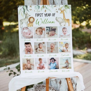 Póster con foto del primer cumpleaños de Wild One, plantilla de póster de safari, foto del primer cumpleaños de Safari, tablero de fotos del primer cumpleaños de animales de Safari para bebé niño