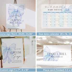May include: Printable baby shower signs featuring a blue watercolour bow design. The signs include a welcome sign, a due date calendar, a custom sign, and a food label. The signs are available in various sizes.