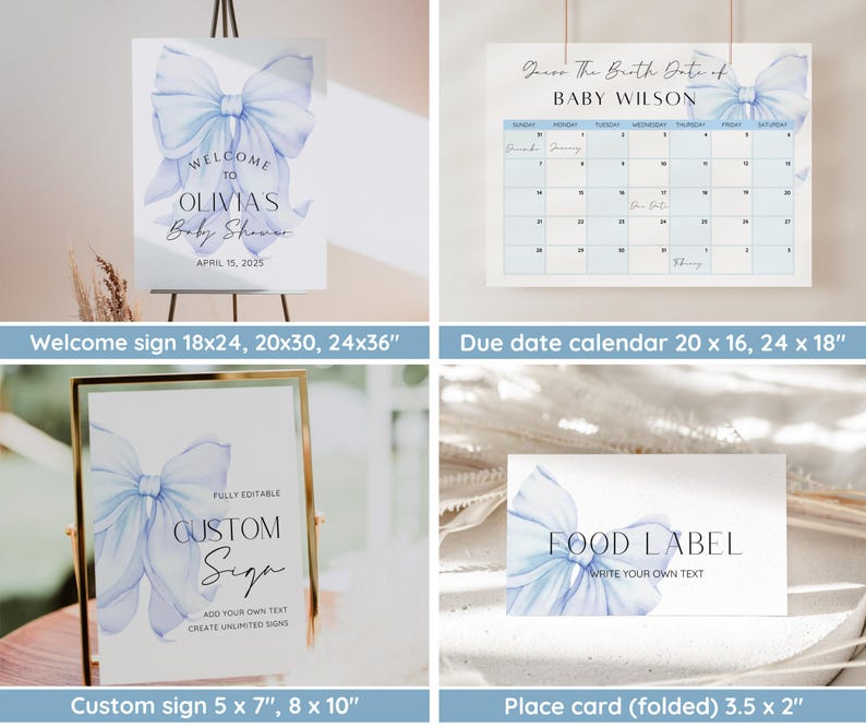 May include: Printable baby shower signs featuring a blue watercolour bow design. The signs include a welcome sign, a due date calendar, a custom sign, and a food label. The signs are available in various sizes.