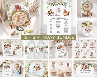 Woodland First 1st Birthday Bundle, Forest Animal Invitation Bundle, Safari Wild One Birthday, One Birthday Invite, Boy First Birthday