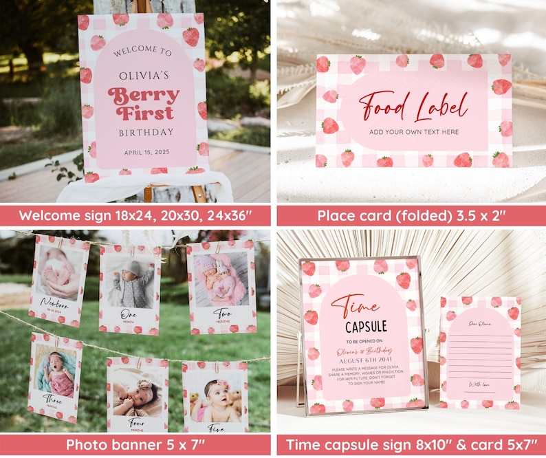 Berry First Birthday Invitation Bundle, Pink Gingham Strawberry 1st ...