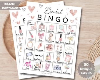 50 Bridal Shower Bingo Cards, Bridal Bingo Game, Bridal Shower Game, Bridal Hen Party Bingo, Bachelorette Party Game, Heart Instant Download