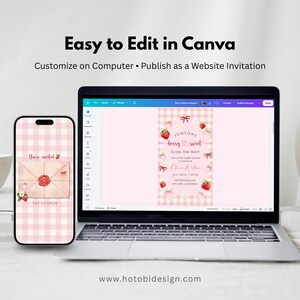 K&ouml;nnte beinhalten: Ein Laptop und ein Smartphone zeigen eine digitale Babyparty-Einladungsvorlage mit rosa Vichy-Karo-Hintergrund, Erdbeer-Illustrationen und dem Text "Someone berry sweet is on the way!" sowie "You're invited" mit einem Siegelgrafik.