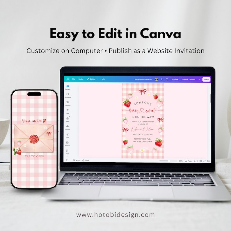 K&ouml;nnte beinhalten: Ein Laptop und ein Smartphone zeigen eine digitale Babyparty-Einladungsvorlage mit rosa Vichy-Karo-Hintergrund, Erdbeer-Illustrationen und dem Text "Someone berry sweet is on the way!" sowie "You're invited" mit einem Siegelgrafik.
