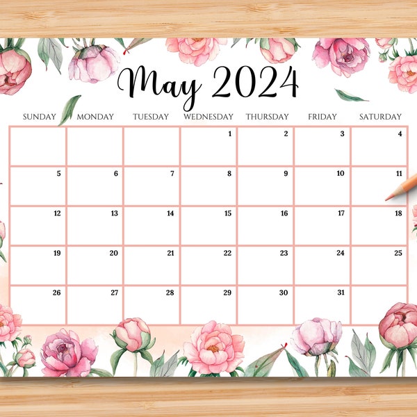 Editable May 2024 Calendar, Hello Spring with Beautiful Peonies, Mother's Day Planner, Printable Fillable Monthly Planner, Instant Download