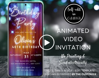 Faire-part de fête d'anniversaire vidéo bleu néon, invitation à une fête d'anniversaire de tout âge pour homme femme, faire-part de téléphone numérique, modèle canva de message texte