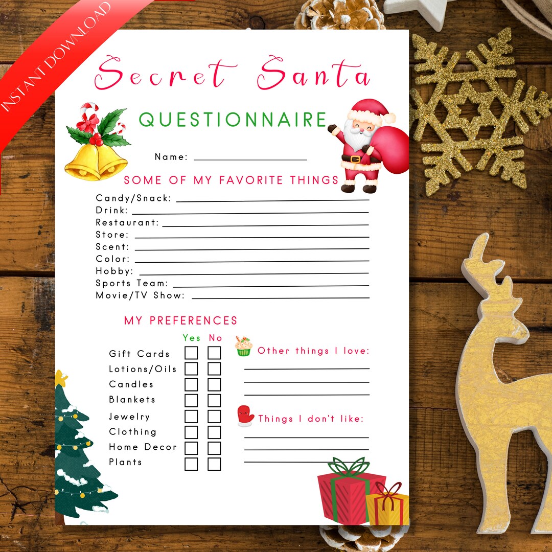 Secret Santa Questionnaire Printable, Secret Santa Form Secret Santa ...