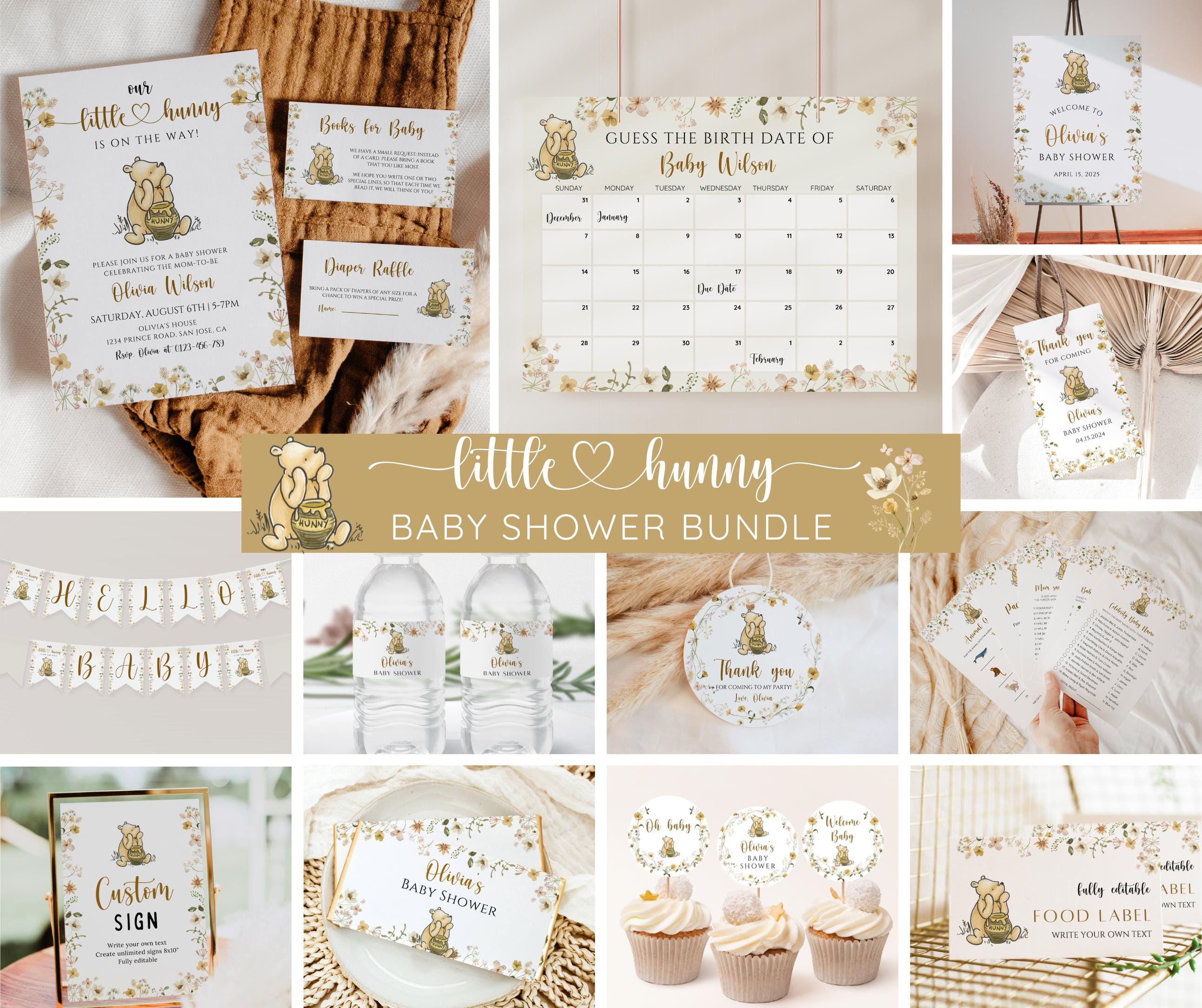Paquete clásico de Winnie the Pooh para baby shower, invitación y juegos para baby shower de Little Hunny, fiesta de osito Pooh de género neutro, flores silvestres editables