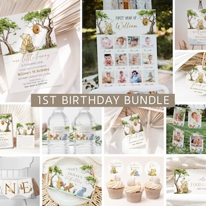 Winnie the Pooh 1st Birthday Bundle, Classic Pooh Bear First Birthday Invitation, Gender Neutral Party, Storybook Theme, Editable, Printable