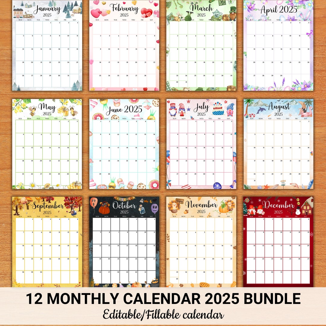 EDITABLE Vertical/portrait Monthly Calendar 2025 Bundle, Cute Printable