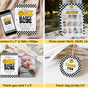 One Happy Dude Birthday Invitation Bundle, Editable Retro One Happy Dude First Birthday Invite Boy, Smiley Face Party Template, Printable image 2