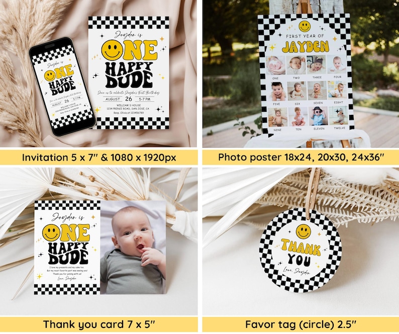 One Happy Dude Birthday Invitation Bundle, Editable Retro One Happy Dude First Birthday Invite Boy, Smiley Face Party Template, Printable image 2