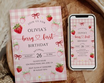 Editable Berry First Birthday Invitation, Strawberry 1st Birthday Invite, Berry First Girl First Birthday Template, Canva, Digital Download