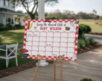May include: A baby shower calendar on a wooden easel, featuring a red and white checkered border. The calendar reads "Guess the Arrival Date of BABY WILSON" and includes spaces for guests to guess the due date. Decorative food illustrations are included.