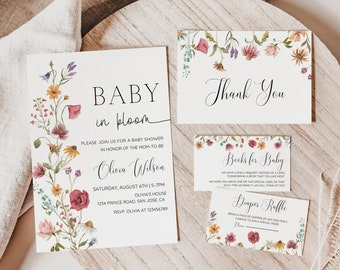 Paquete de invitaciones editables para baby shower con tema de flores silvestres, paquete de invitaciones para baby shower con tema de flores de primavera, descarga instantánea