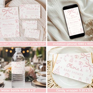 May include: A collection of baby shower stationery in pink, including invitations, thank you cards, and candy wrappers. The invitation design features a bow, winter-themed illustrations, and the text "Baby it's cold outside." A water bottle label is also shown.