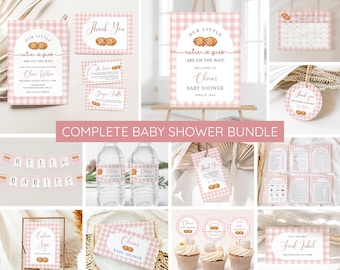 Paquete de invitaciones para baby shower de Cutie Pie, baby shower de otoño para niñas gemelas, decoración de tarta de cuadros vichy rosas, letrero de bienvenida con juegos para baby shower de otoño EDITABLE