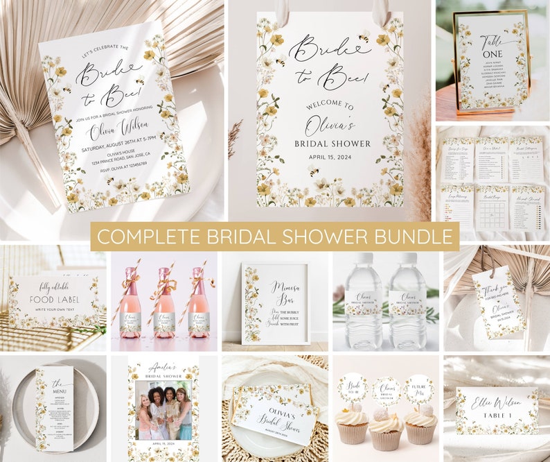 Puede incluir: Un paquete completo para una despedida de soltera con un tema floral. El paquete incluye invitaciones, etiquetas para alimentos, n&uacute;meros de mesa, un letrero de bienvenida y otros art&iacute;culos imprimibles. El dise&ntilde;o presenta un patr&oacute;n floral de acuarela con abejas y el texto "Bride to Bee!"